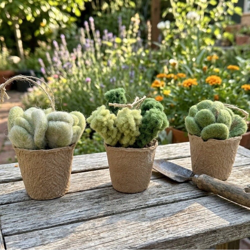 Set of 3 Hand-Felted Wool Succulent Ornaments – Cactus Decor